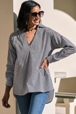 Best Carolina Lynette Collared Long Sleeve Shirt Striped Black