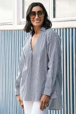 Best Carolina Lynette Collared Long Sleeve Shirt Striped Black