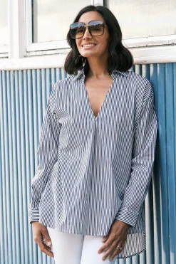 Best Carolina Lynette Collared Long Sleeve Shirt Striped Black