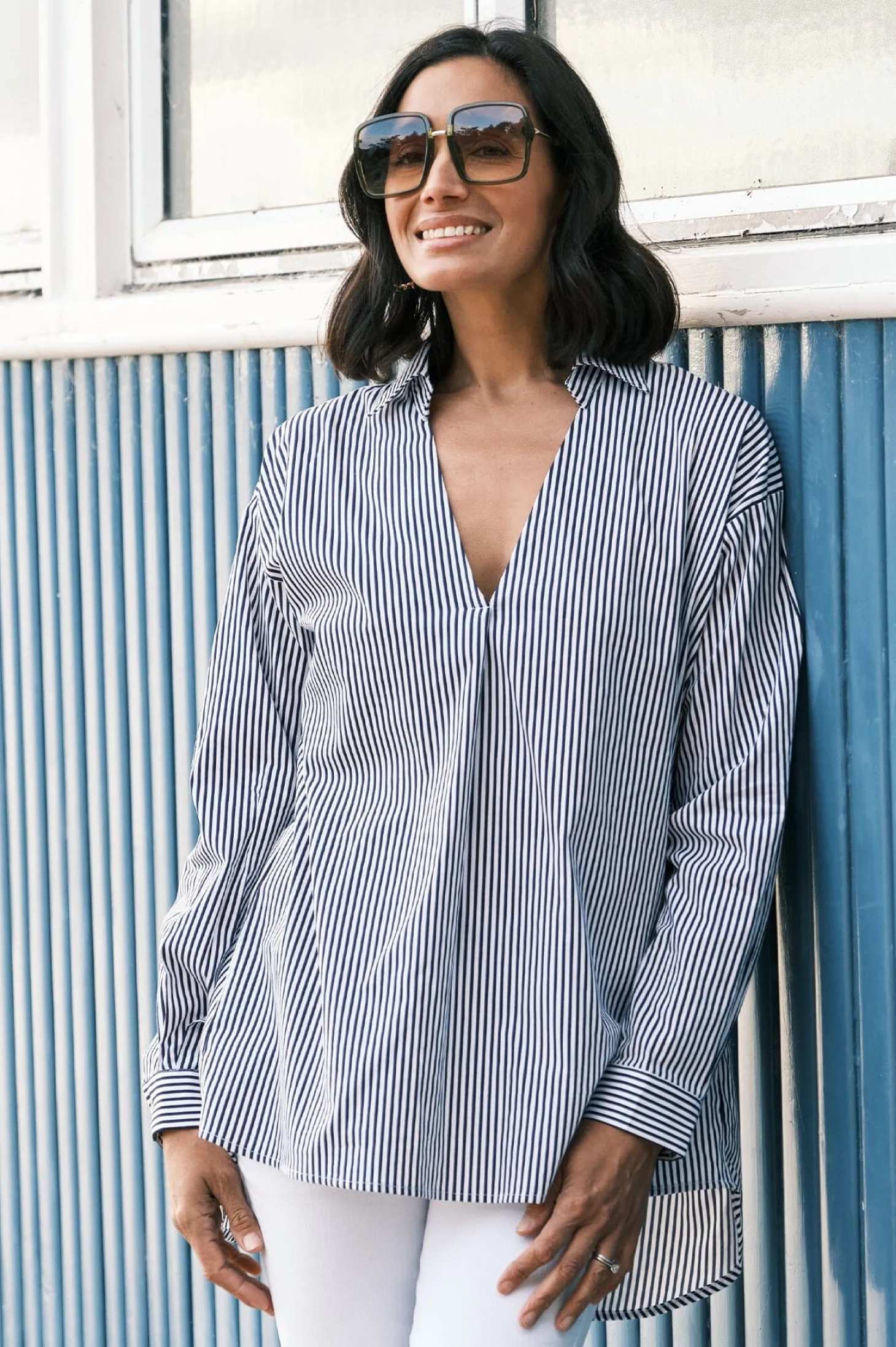 Best Carolina Lynette Collared Long Sleeve Shirt Striped Navy