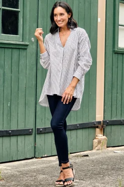 Outlet Carolina Lynette Collared Long Sleeve Shirt Striped Black with Lurex