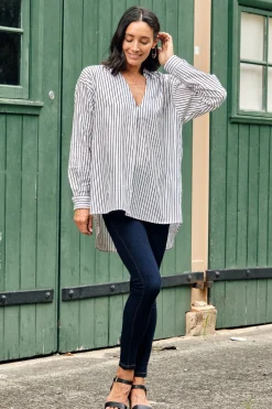 Outlet Carolina Lynette Collared Long Sleeve Shirt Striped Black with Lurex