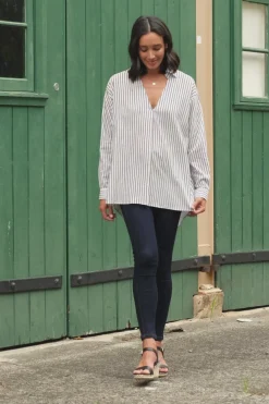 Outlet Carolina Lynette Collared Long Sleeve Shirt Striped Black with Lurex