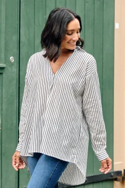 Online Carolina Lynette Collared Long Sleeve Shirt Striped Navy with Lurex