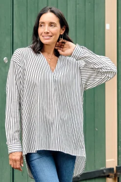 Online Carolina Lynette Collared Long Sleeve Shirt Striped Navy with Lurex