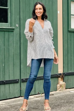 Online Carolina Lynette Collared Long Sleeve Shirt Striped Navy with Lurex