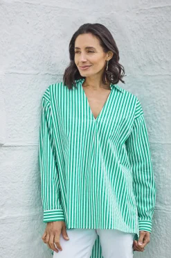 Store Carolina Lynette Collared Long Sleeve Shirt Striped Green