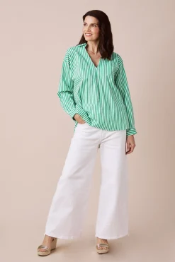 Store Carolina Lynette Collared Long Sleeve Shirt Striped Green
