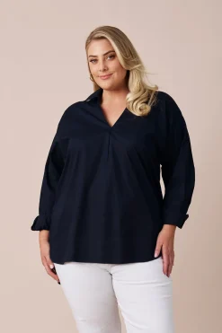 Hot Carolina Lynette Collared Long Sleeve Shirt Navy