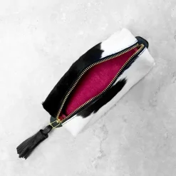 New Carolina Make up Bag Black and White Cowhide