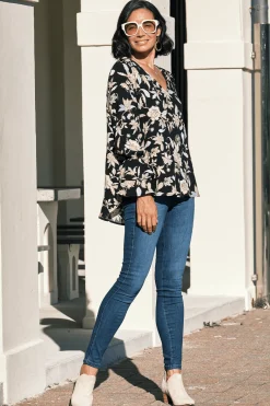 Clearance Carolina Mina Floral Long Sleeve Top Black