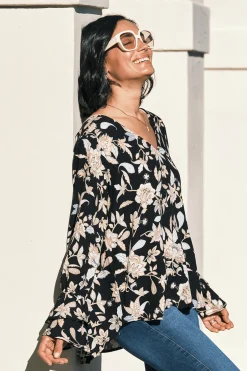 Clearance Carolina Mina Floral Long Sleeve Top Black