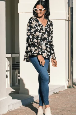 Clearance Carolina Mina Floral Long Sleeve Top Black