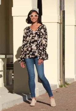 Clearance Carolina Mina Floral Long Sleeve Top Black