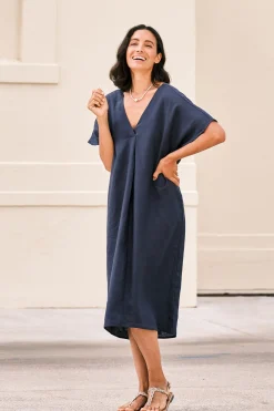 Best Sale Carolina Nadia Pure Linen Dress Navy