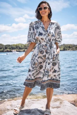 Best Sale Carolina Portia Linen Dress Navy and White