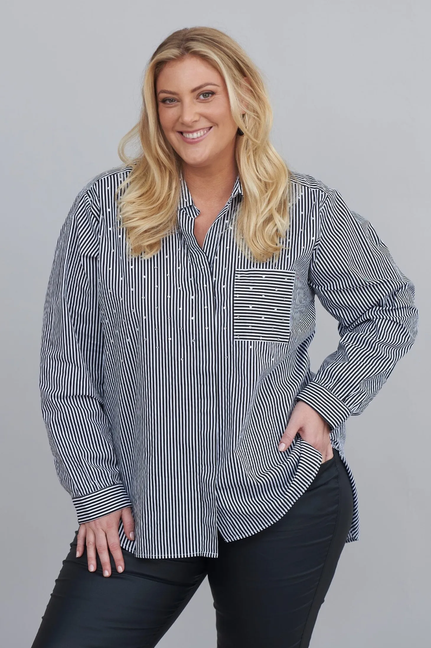 Shop Carolina Renata Black and White Striped Collared Shirt