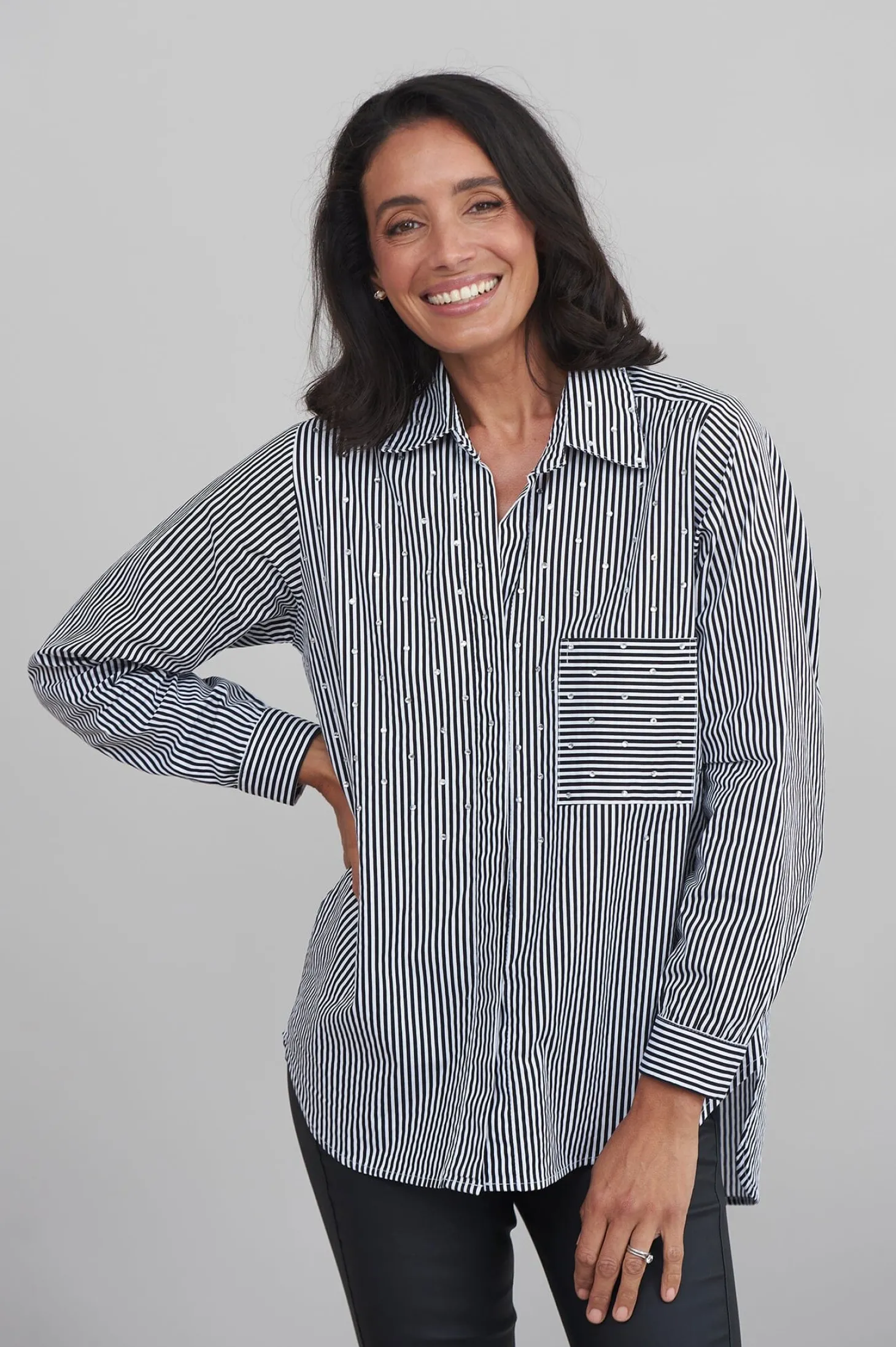 Shop Carolina Renata Black and White Striped Collared Shirt
