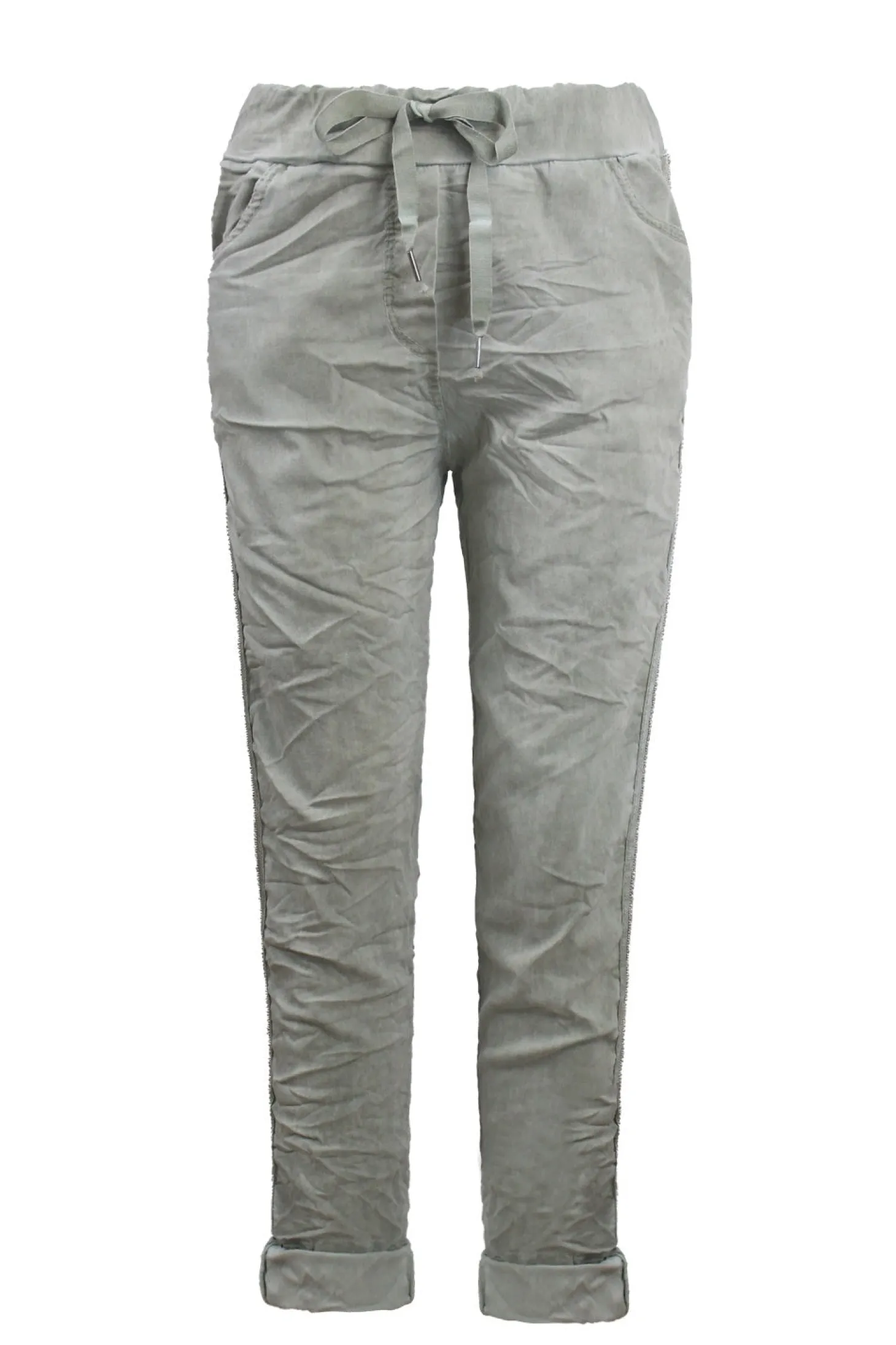 Fashion Carolina Rhinestone Side Stripe Crinkle Jogger Aloe