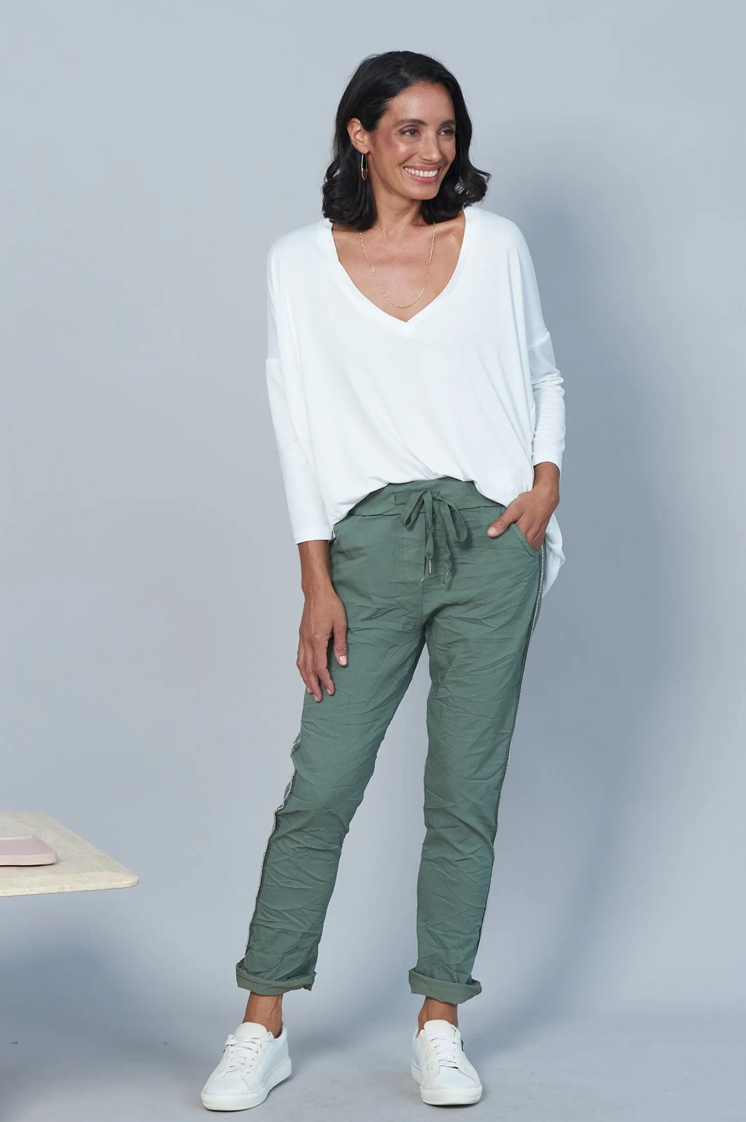 Discount Carolina Rhinestone Side Stripe Crinkle Jogger Olive