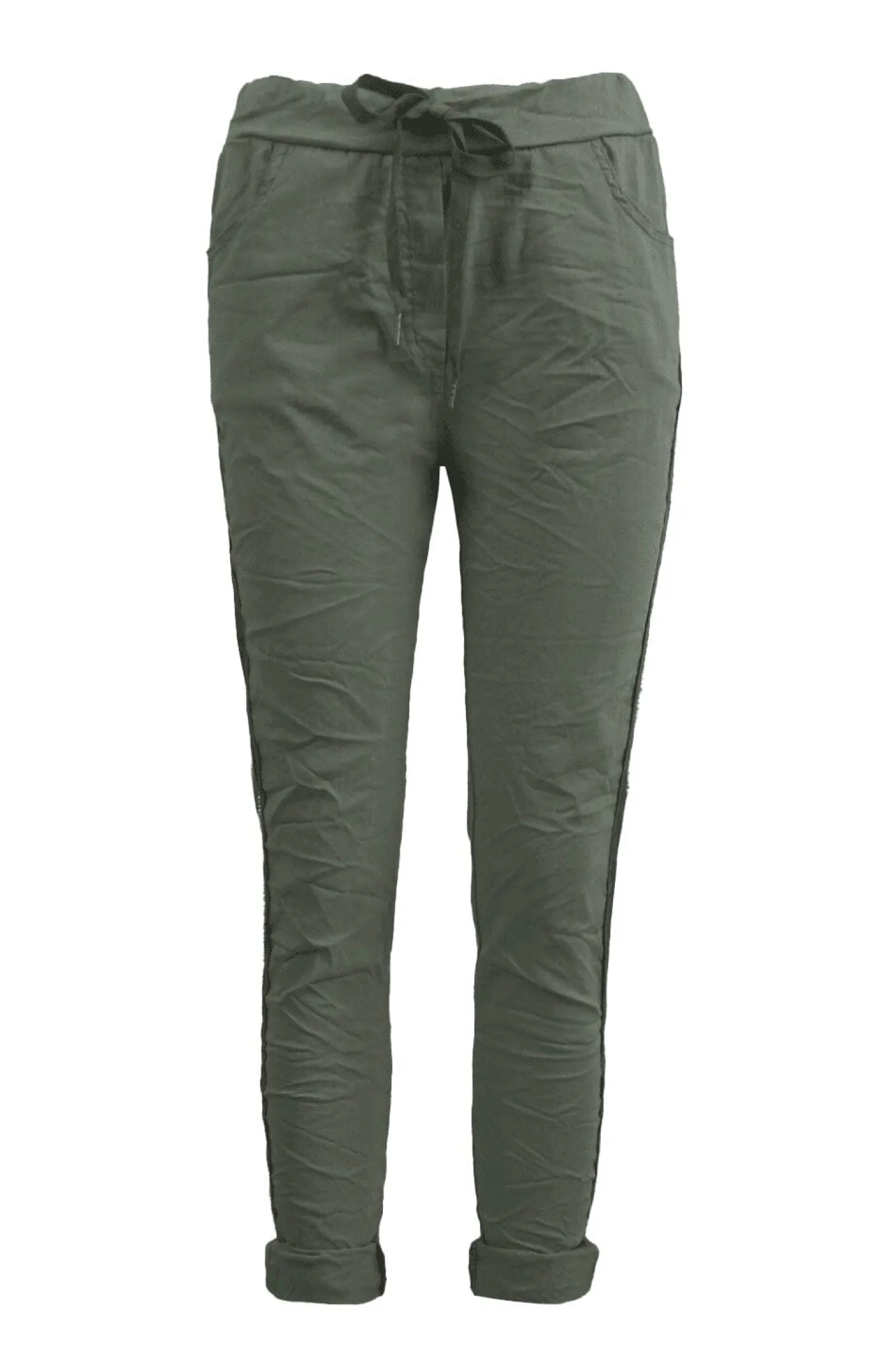 Discount Carolina Rhinestone Side Stripe Crinkle Jogger Olive