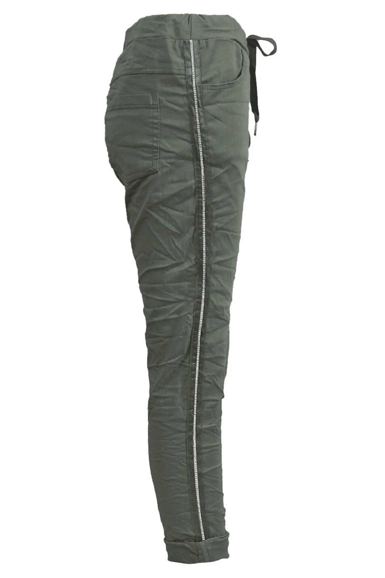 Discount Carolina Rhinestone Side Stripe Crinkle Jogger Olive