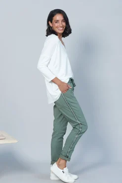 Discount Carolina Rhinestone Side Stripe Crinkle Jogger Olive