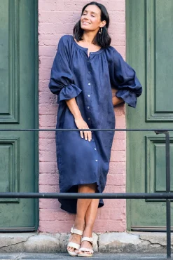 Store Carolina Sandra Linen Long Sleeve Dress Navy