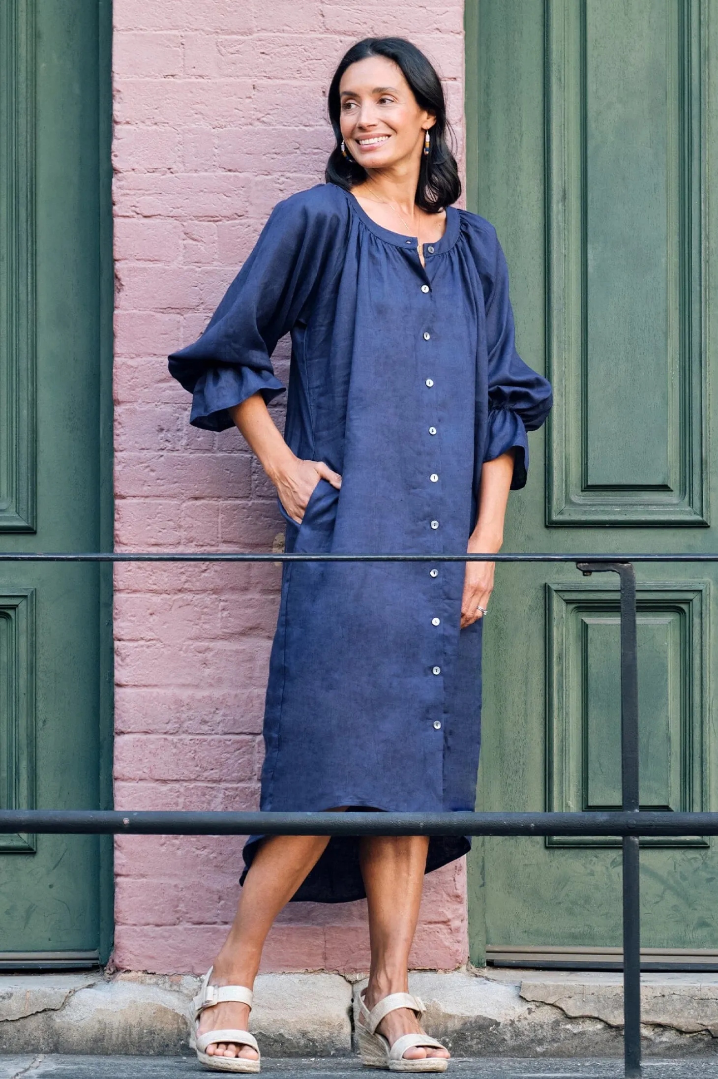 Store Carolina Sandra Linen Long Sleeve Dress Navy