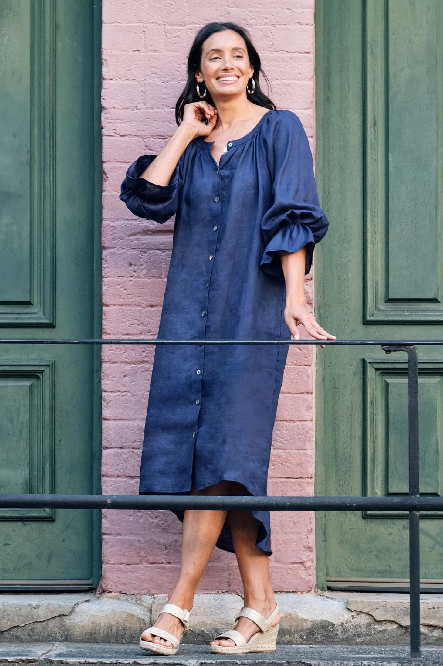 Store Carolina Sandra Linen Long Sleeve Dress Navy