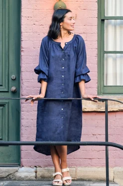 Store Carolina Sandra Linen Long Sleeve Dress Navy