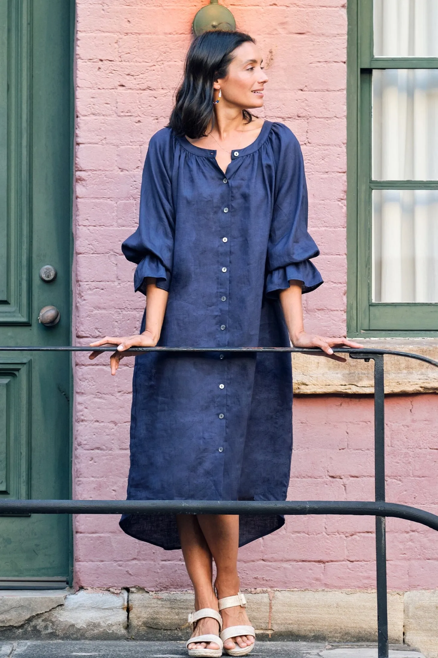 Store Carolina Sandra Linen Long Sleeve Dress Navy