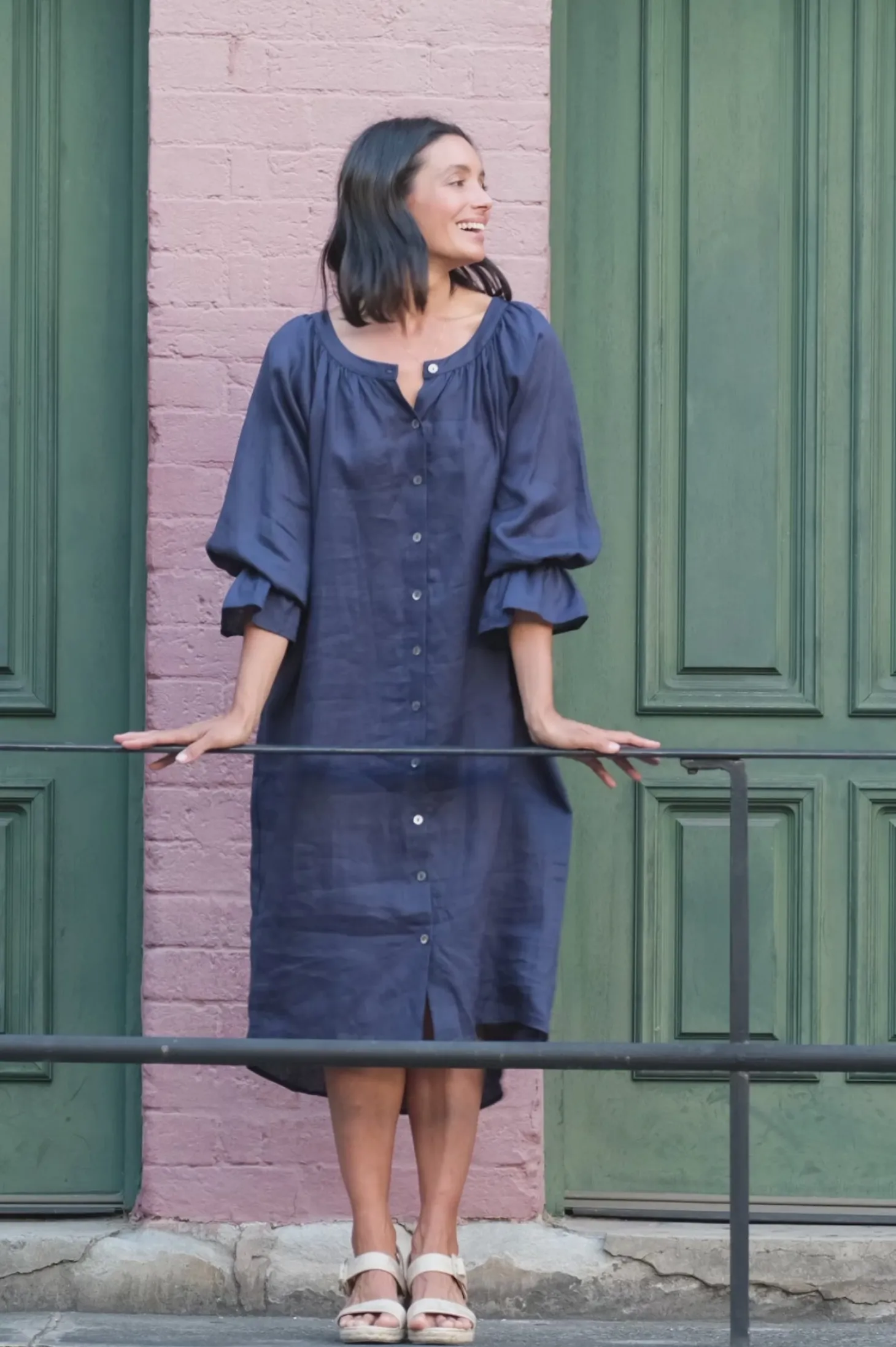 Store Carolina Sandra Linen Long Sleeve Dress Navy