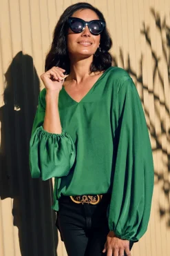 Cheap Carolina Sovana V-Neck Long Sleeve Top Emerald