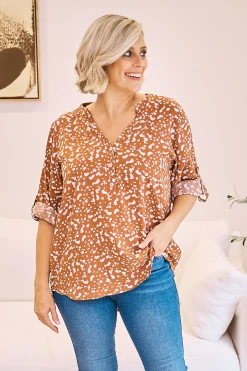 Store Carolina Tuscany Mid Sleeve Top Vera Print Rust