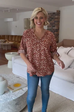 Store Carolina Tuscany Mid Sleeve Top Vera Print Rust