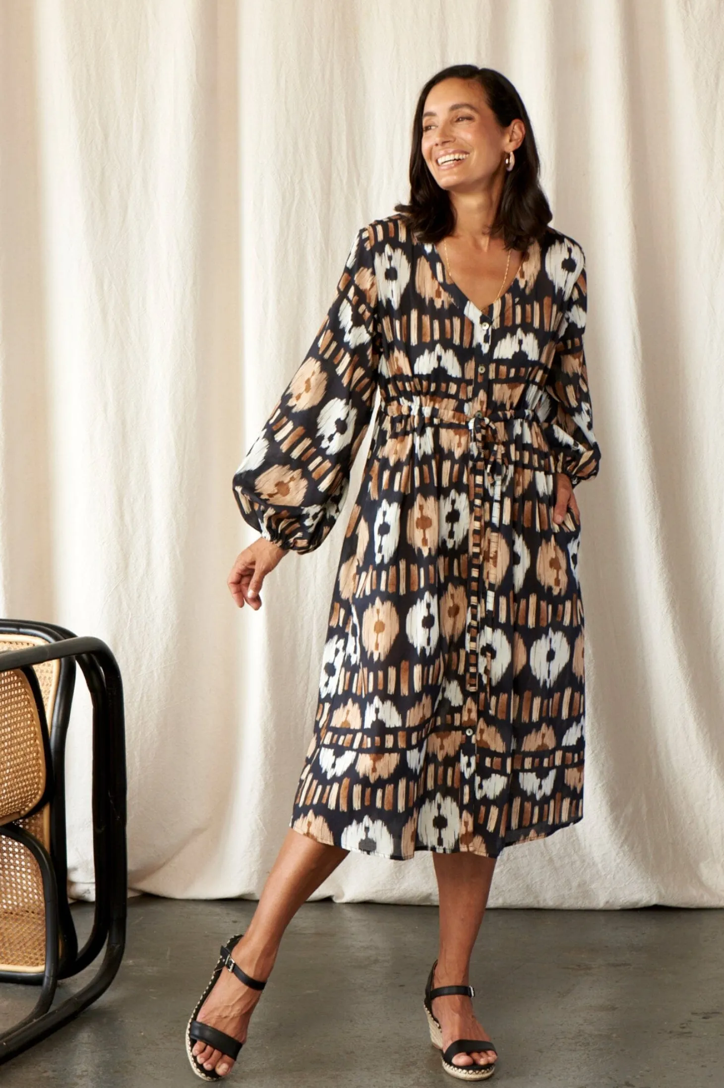 Hot Carolina Tyla Print Dress Black and Camel