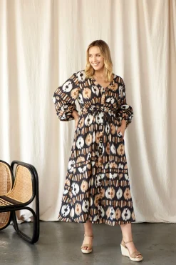 Hot Carolina Tyla Print Dress Black and Camel