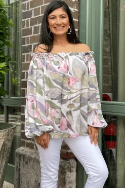 Cheap Carolina Xenia Off Shoulder Long Sleeve Top Serenity Print