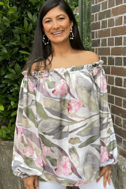 Cheap Carolina Xenia Off Shoulder Long Sleeve Top Serenity Print