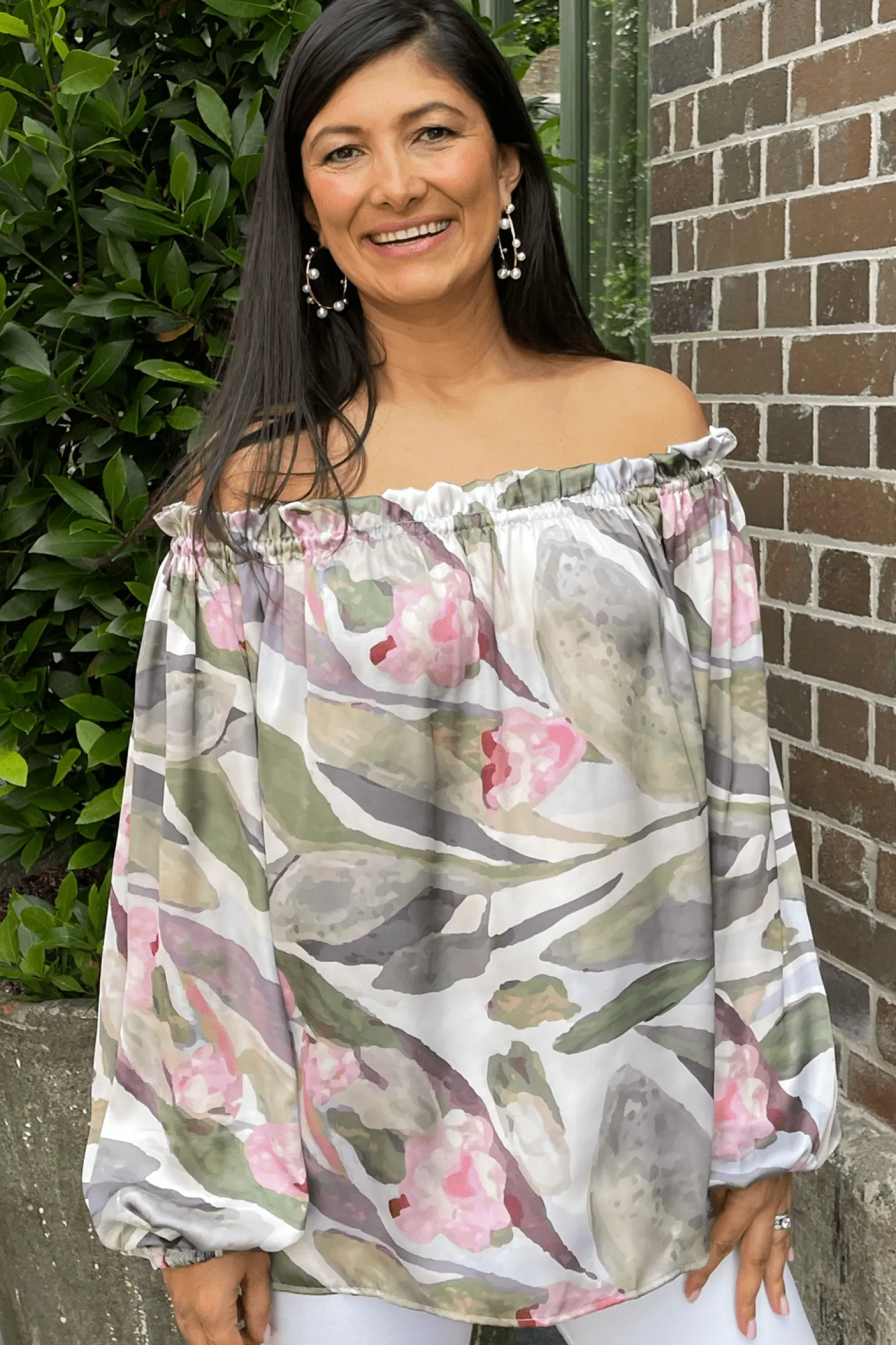 Cheap Carolina Xenia Off Shoulder Long Sleeve Top Serenity Print