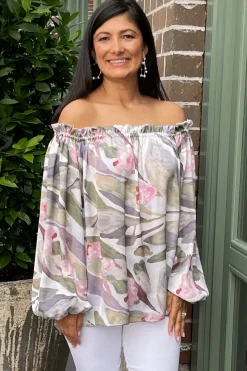 Cheap Carolina Xenia Off Shoulder Long Sleeve Top Serenity Print