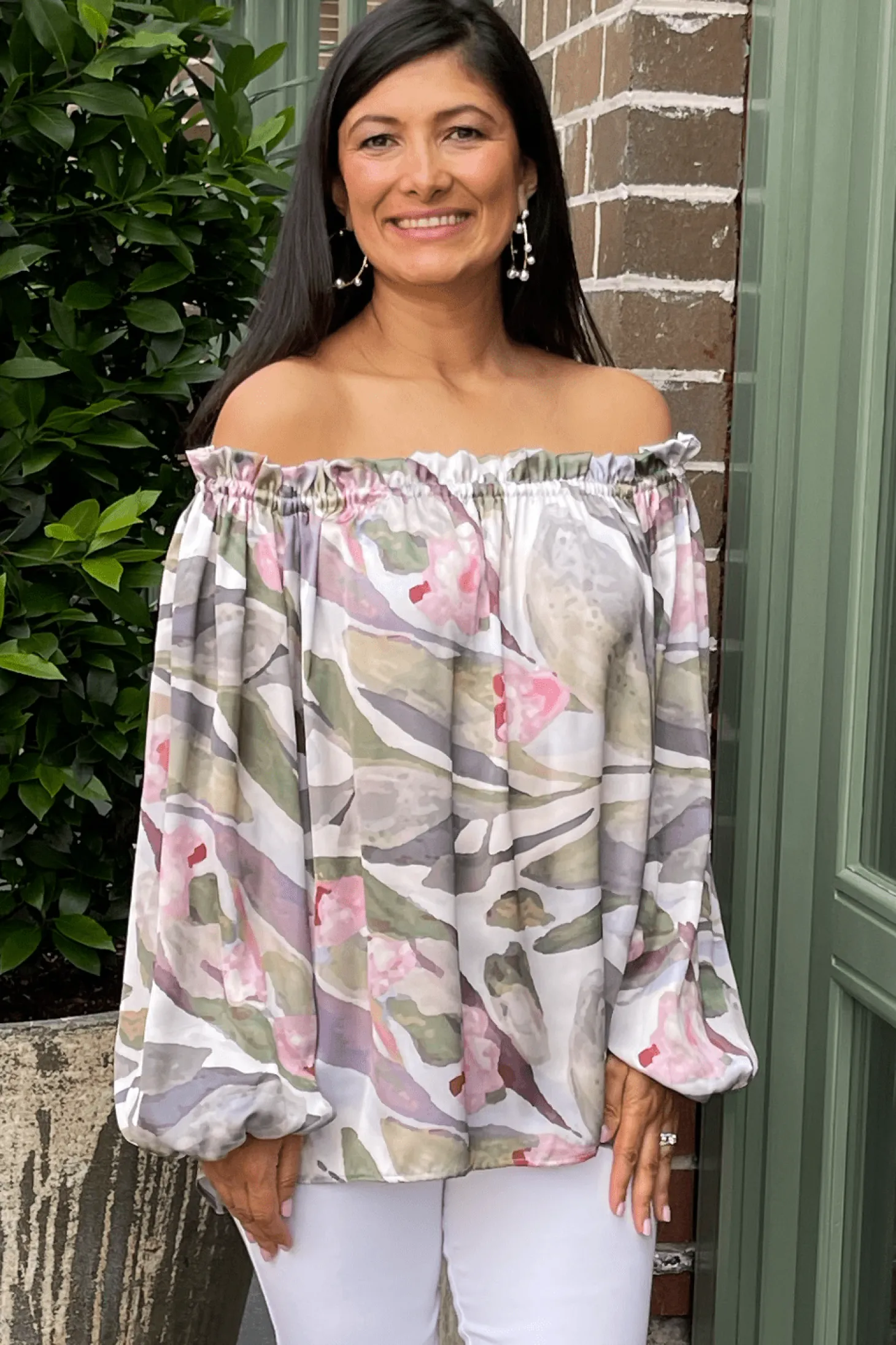 Cheap Carolina Xenia Off Shoulder Long Sleeve Top Serenity Print