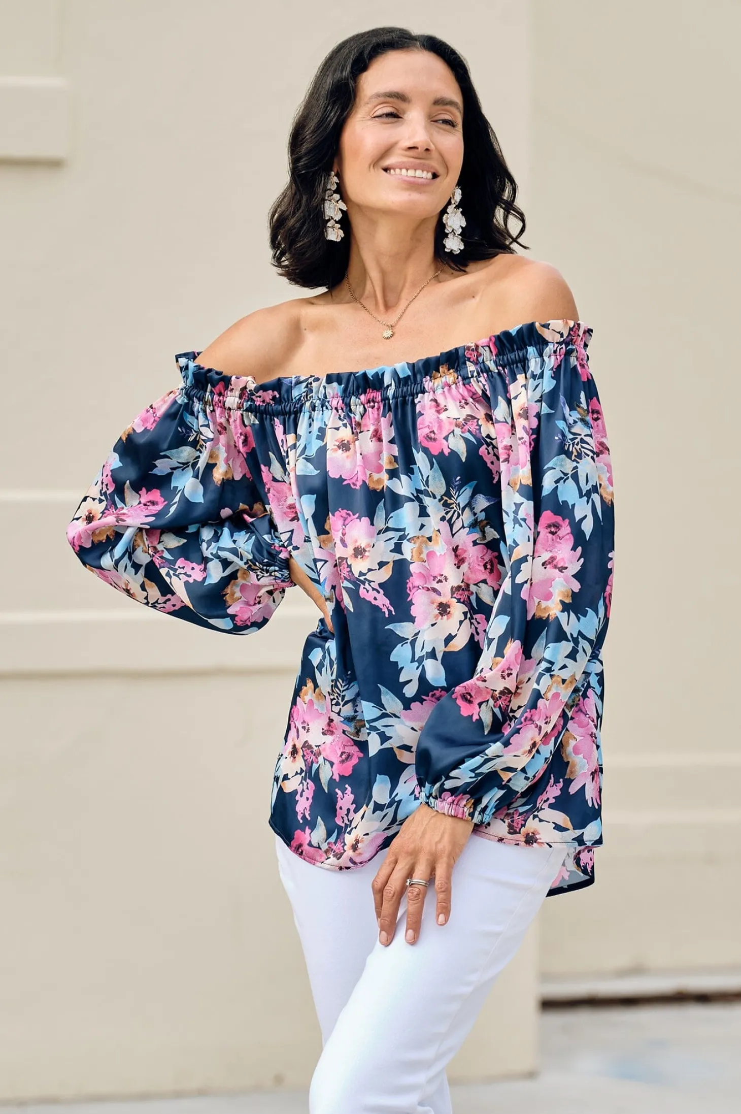 Discount Carolina Xenia Off Shoulder Top Bella Print Navy