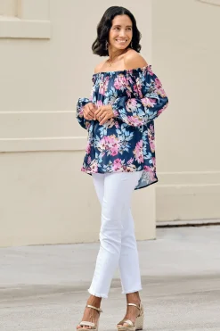 Discount Carolina Xenia Off Shoulder Top Bella Print Navy