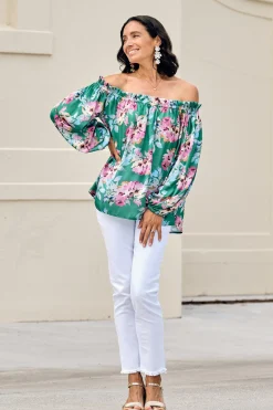 Cheap Carolina Xenia Off Shoulder Top Bella Print Emerald