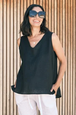 Flash Sale Carolina Zoe Linen Sleeveless Top Black