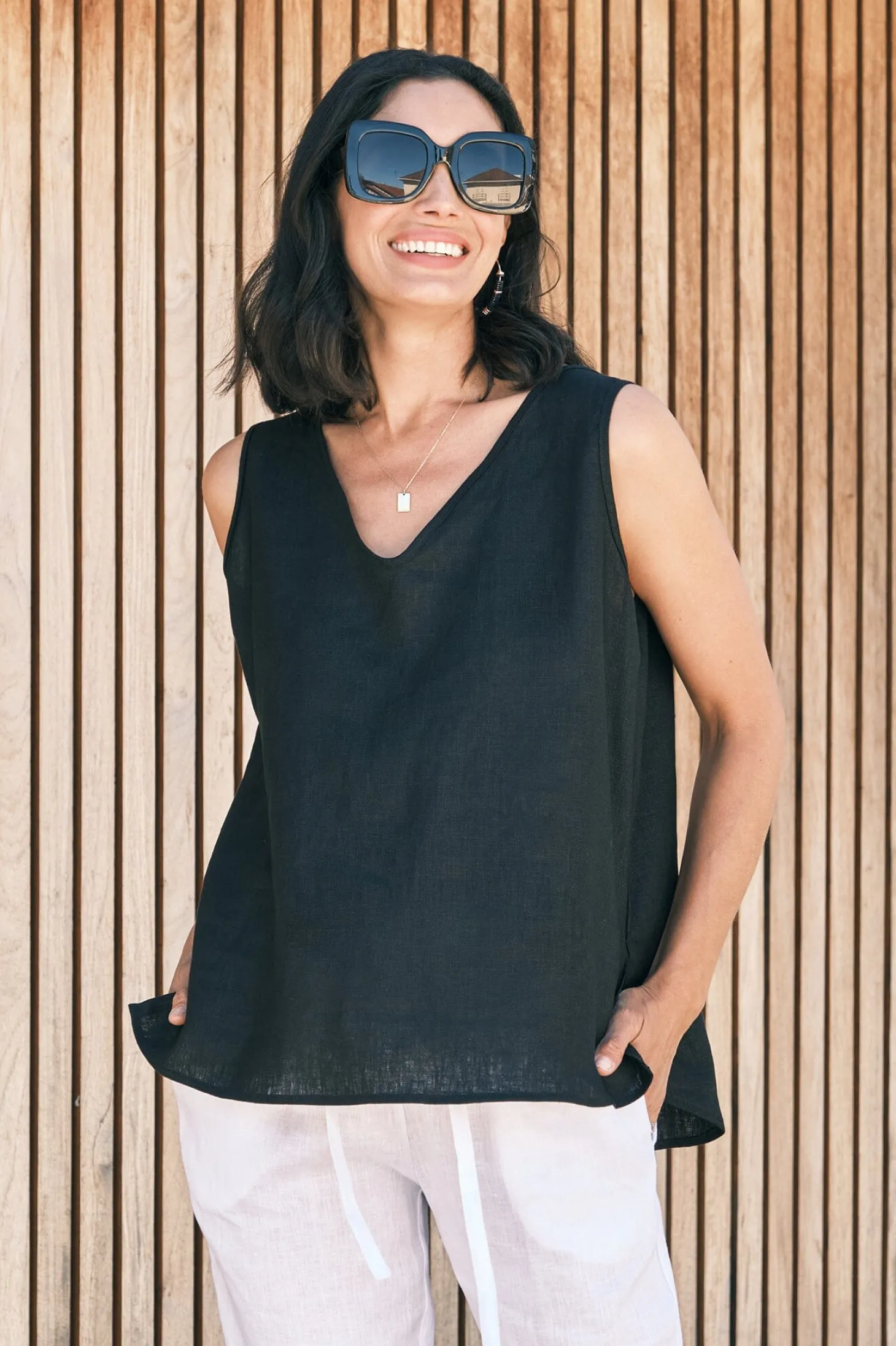 Flash Sale Carolina Zoe Linen Sleeveless Top Black
