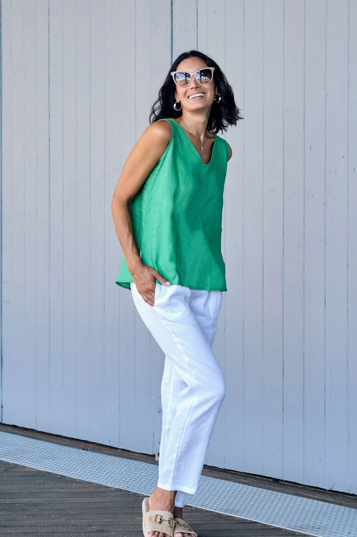 Sale Carolina Zoe Linen Sleeveless Top Emerald